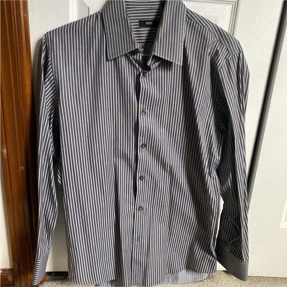 Hugo Boss Dark grey and blue striped button down shirt